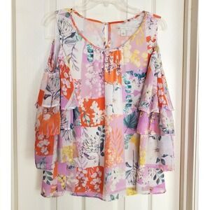 Cottagecore Floral Pastel Patchwork Cold‎ Shoulder Ruffle Sleeve Coquette Blouse